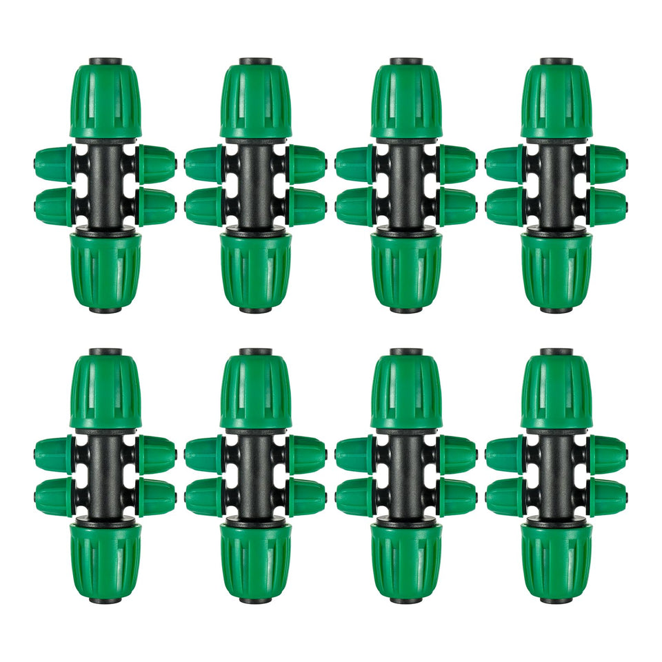 FULAIERGD 6-way anti-leak tee connector secures 1/2in to 1/4in tubing for drip irrigation.