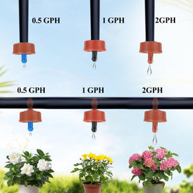 Fulaiergd drippers connected to 1/4 inch tubing for drip irrigation.