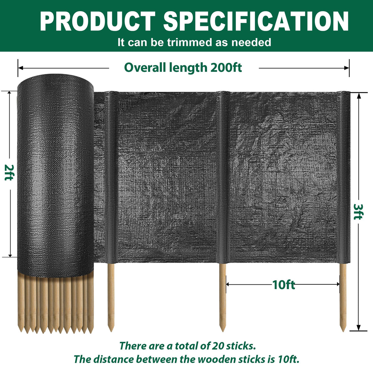 FULEIYA heavy-duty silt fence with 3ft wooden stakes for anchoring.
