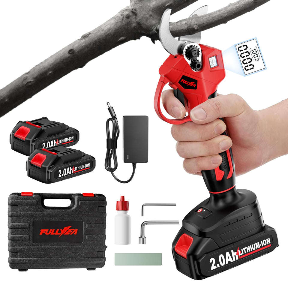 FULLYEA electric pruning shears highlighting a powerful brushless motor for smooth cuts.