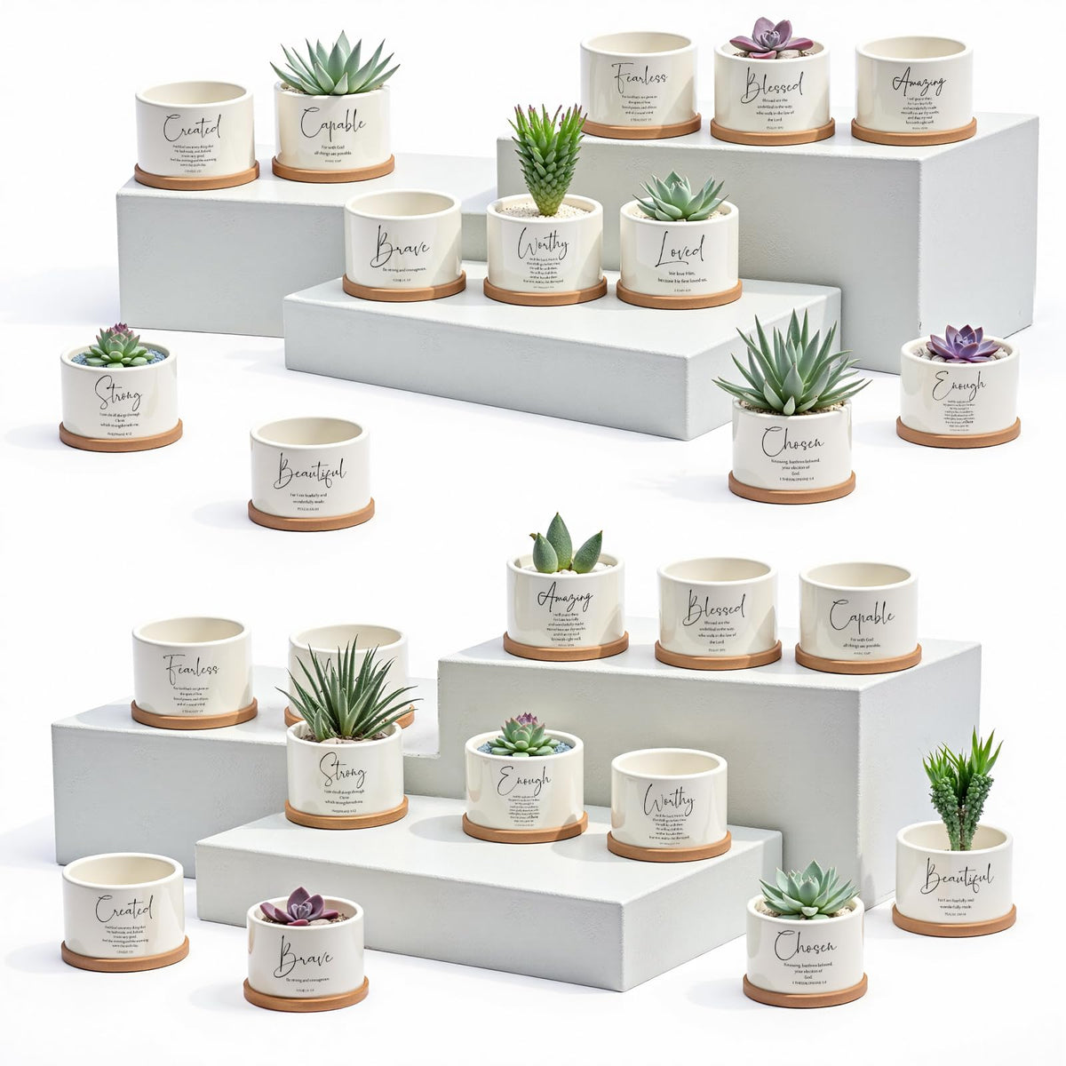 Fumete Bible verse succulent pots close up showing durable ceramic and bright scripture prints for home decor.