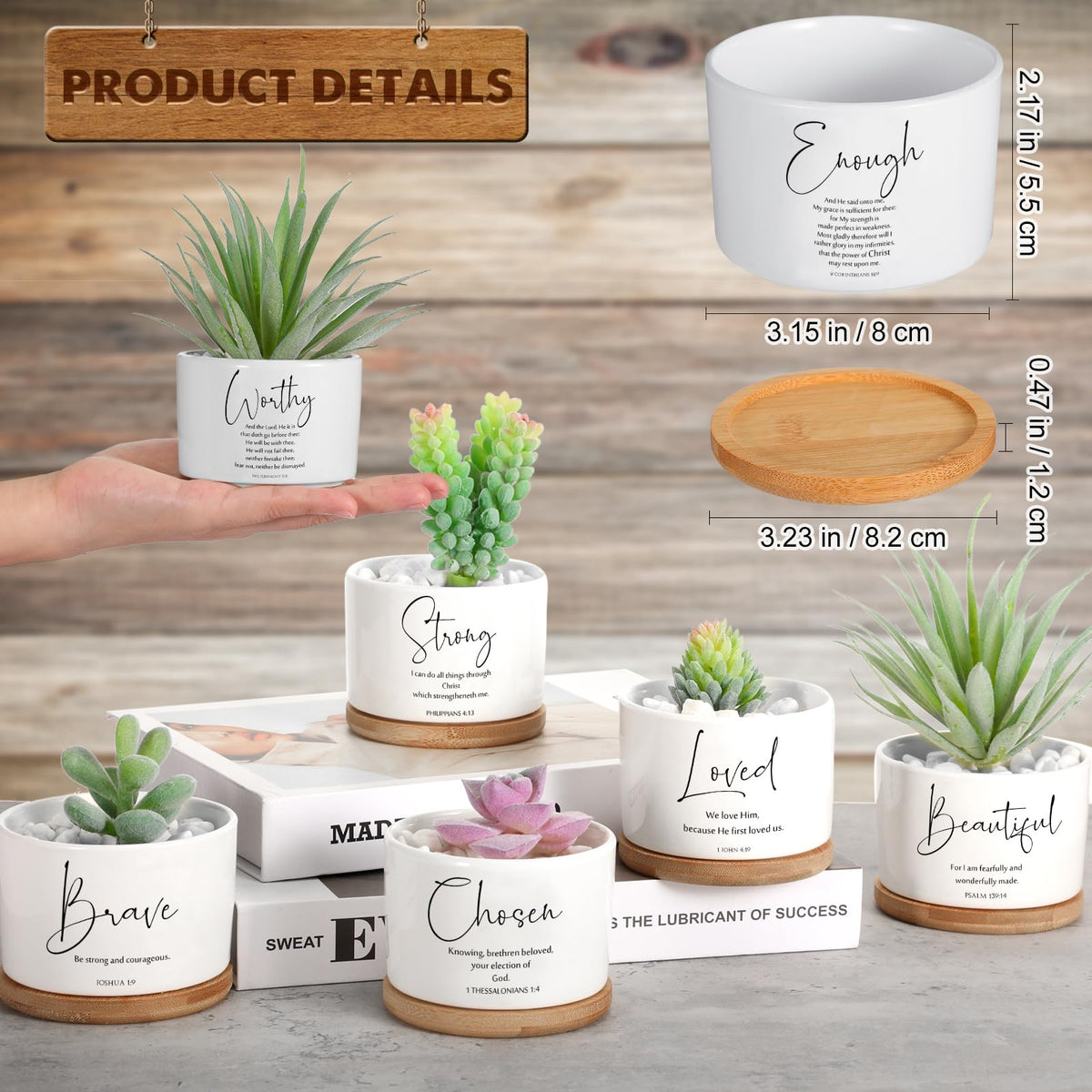 Fumete ceramic planter with bamboo tray and verse engraving for display.