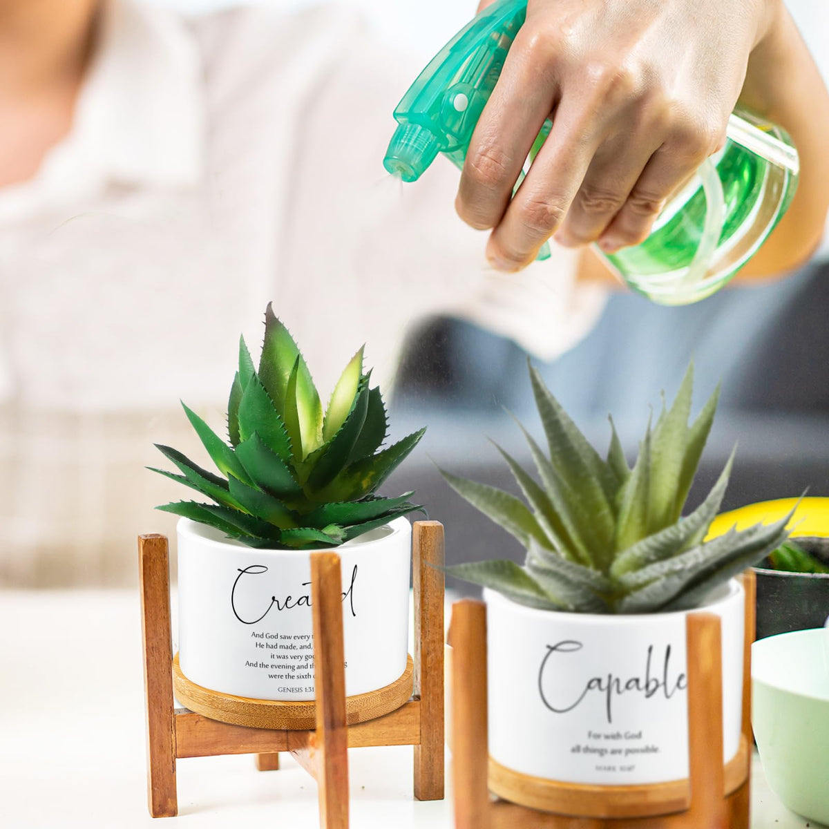 Fumete desk-friendly plant pot showcasing Bible verse for home or office.