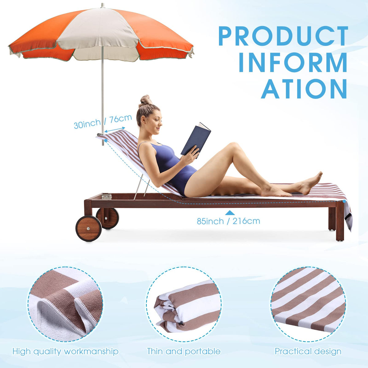 Fumete lounge chair cover shows elastic corner straps to prevent slipping
