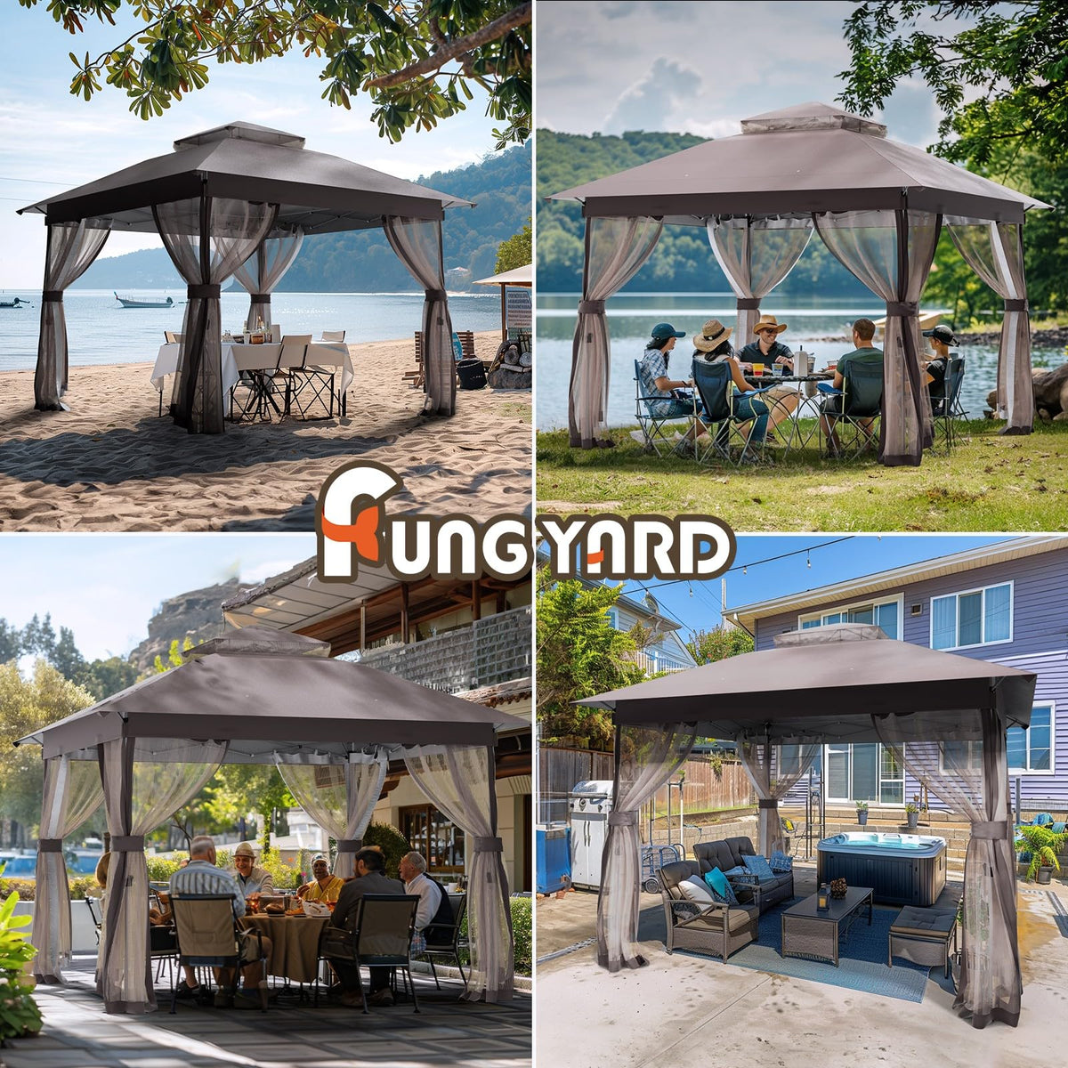 Fung Yard gazebo interior with mosquito mesh for bug-free lounging