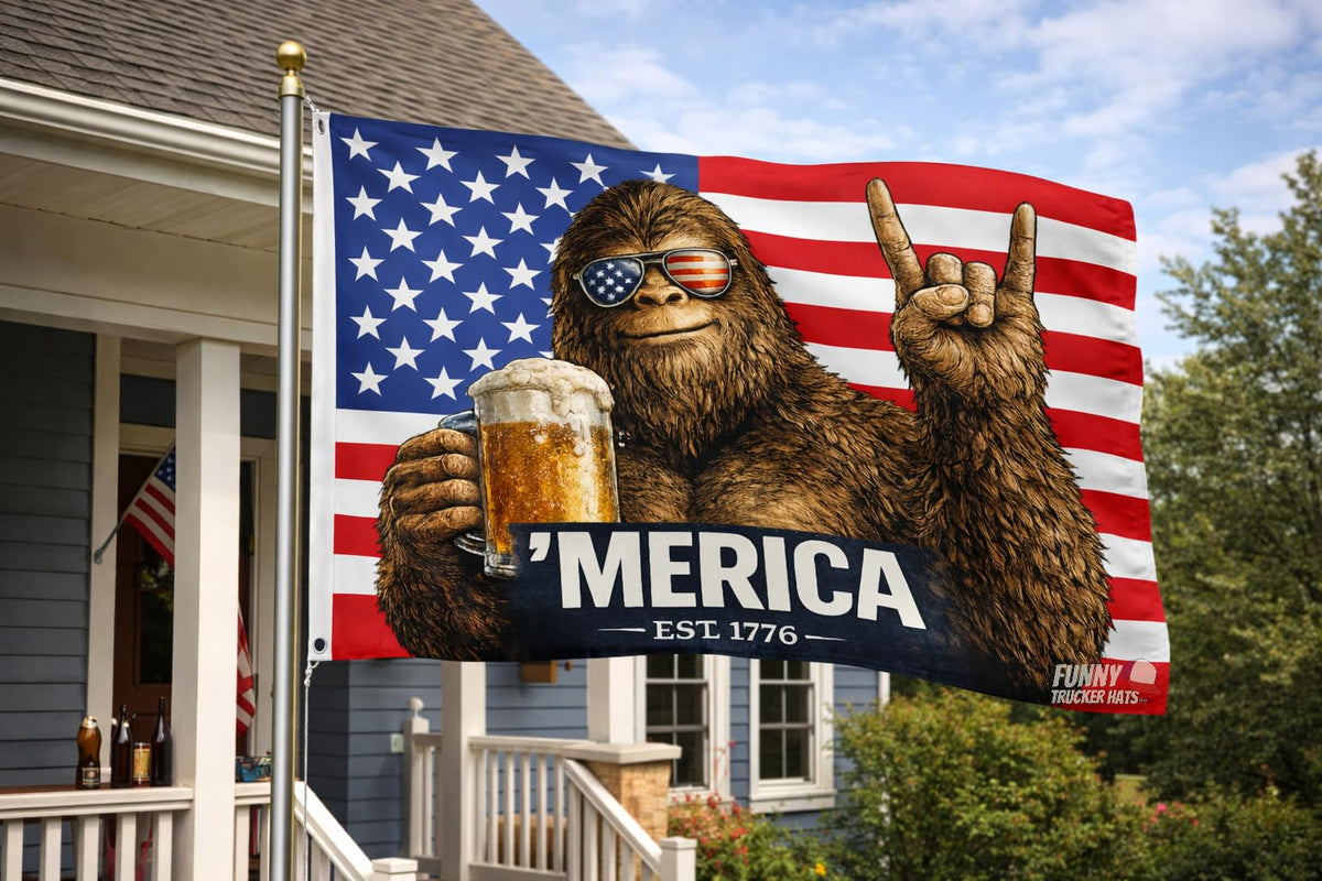 Bigfoot ’MERICA EST 1776 flag side view for garage or bar area
