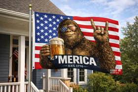 Bigfoot ’MERICA EST 1776 flag side view for garage or bar area