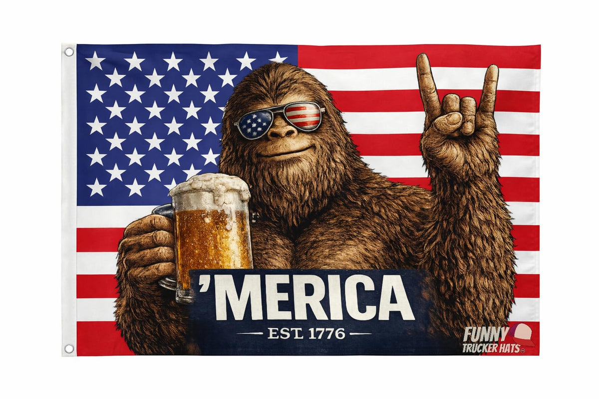 Reinforced grommets on Funny Trucker Hats flag with Sasquatch and beer detail