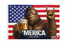 Reinforced grommets on Funny Trucker Hats flag with Sasquatch and beer detail