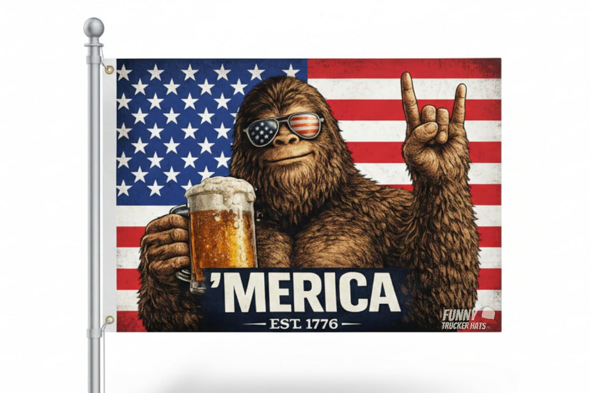 Display setup of Funny Trucker Hats Bigfoot flag in a casual space