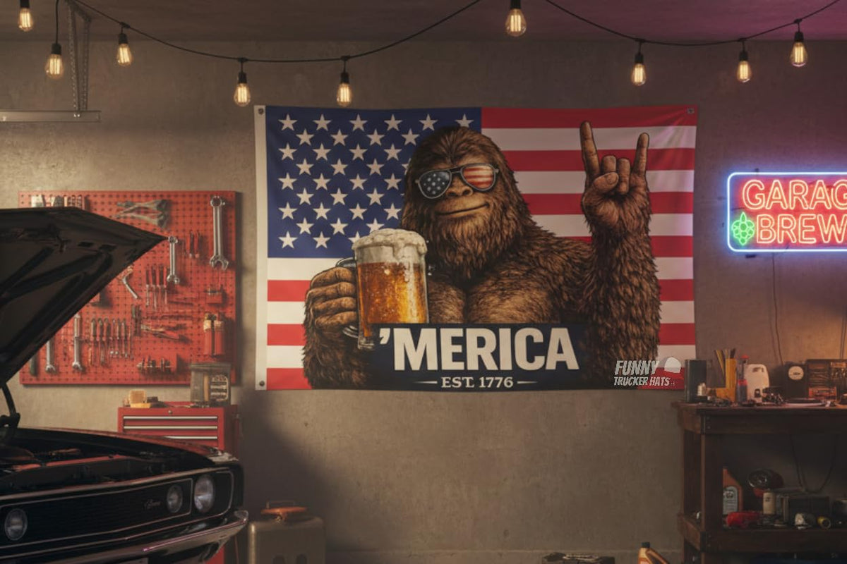 Indoor/outdoor ready flag from Funny Trucker Hats for decor and conversation