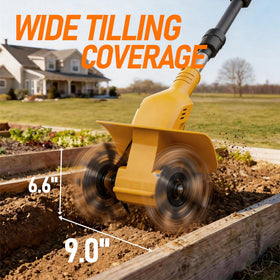Funnywhale tiller shows compatibility with Dewalt 20V Max batteries for reliable operation