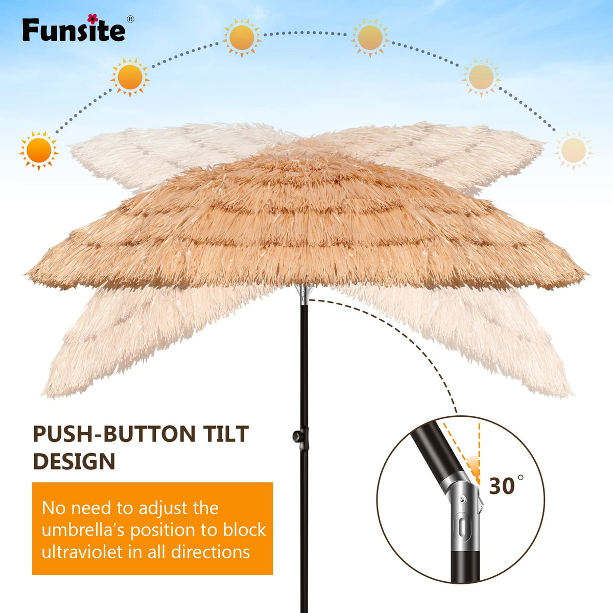 Funsite tiki umbrella top vent promoting air flow for cooling