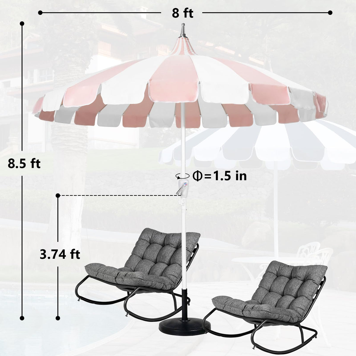 Funsite backyard pool umbrella setup for shade by water.