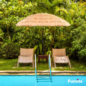 Funsite tiki umbrella showing tilt design for adjustable sun coverage