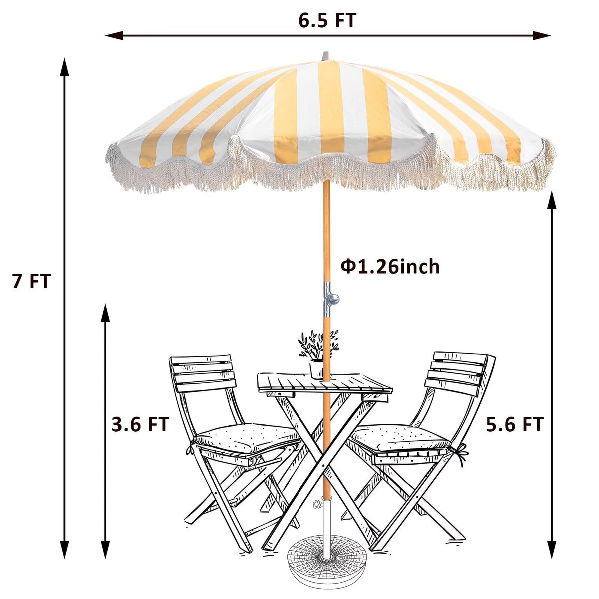 Funsite wood-pole tassel umbrella seen from the side for stylish shade