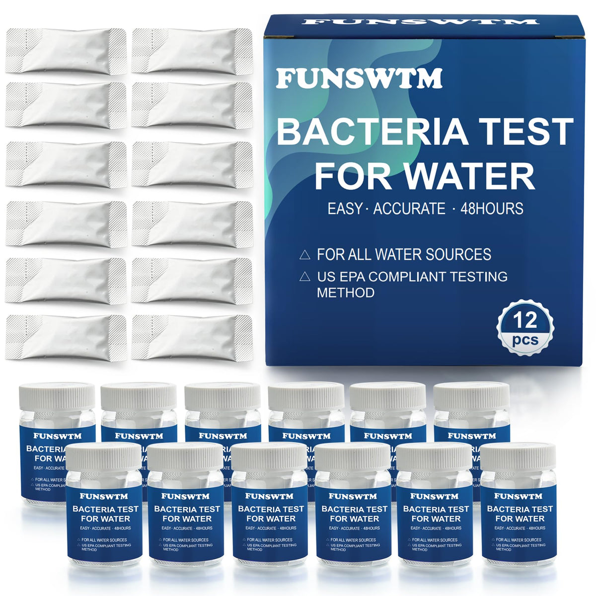 FUNSWTM Coliform Bacteria Test Kit 12-pack box for at-home water testing.