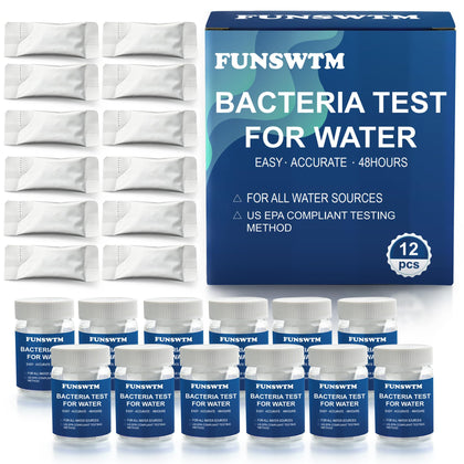 FUNSWTM Coliform Bacteria Test Kit 12-pack box for at-home water testing.