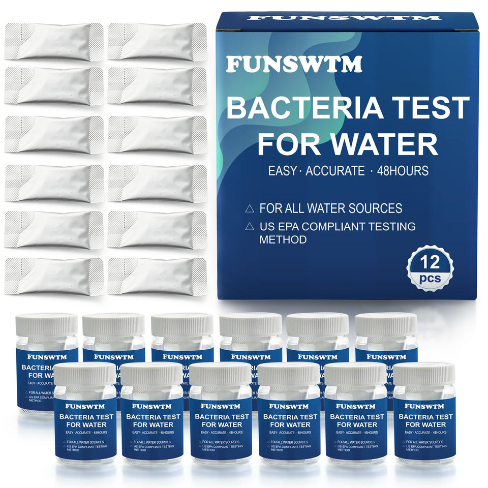 FUNSWTM Coliform Bacteria Test Kit 12-pack box for at-home water testing.