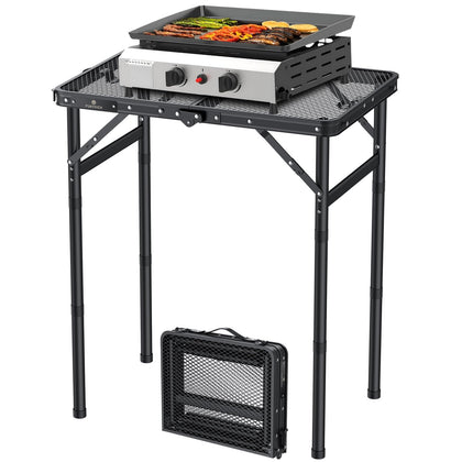 FUNYKICH folding grill table shows adjustable heights for outdoor cooking comfort.