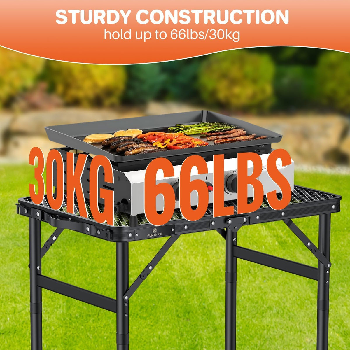 FUNYKICH folding grill table supports up to 66 lbs for versatile meal prep.