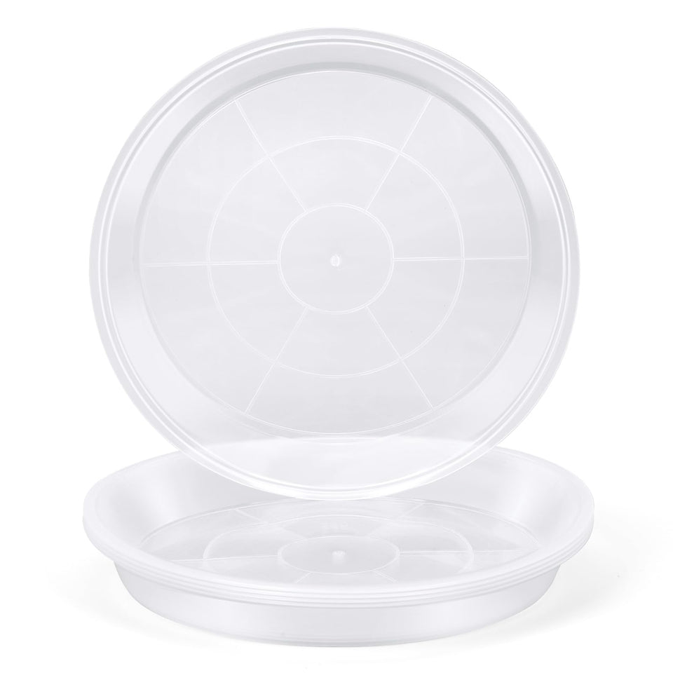FUOAUYK 5-pack 7-inch clear plant saucers protect surfaces and catch excess water.