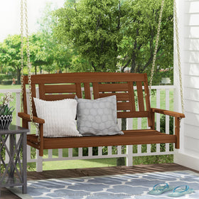 Furinno Tioman 2-seater swing in natural wood ready for outdoor relaxation.