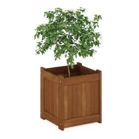 Furinno Tioman hardwood flower box front view shows a durable outdoor planter on a patio.