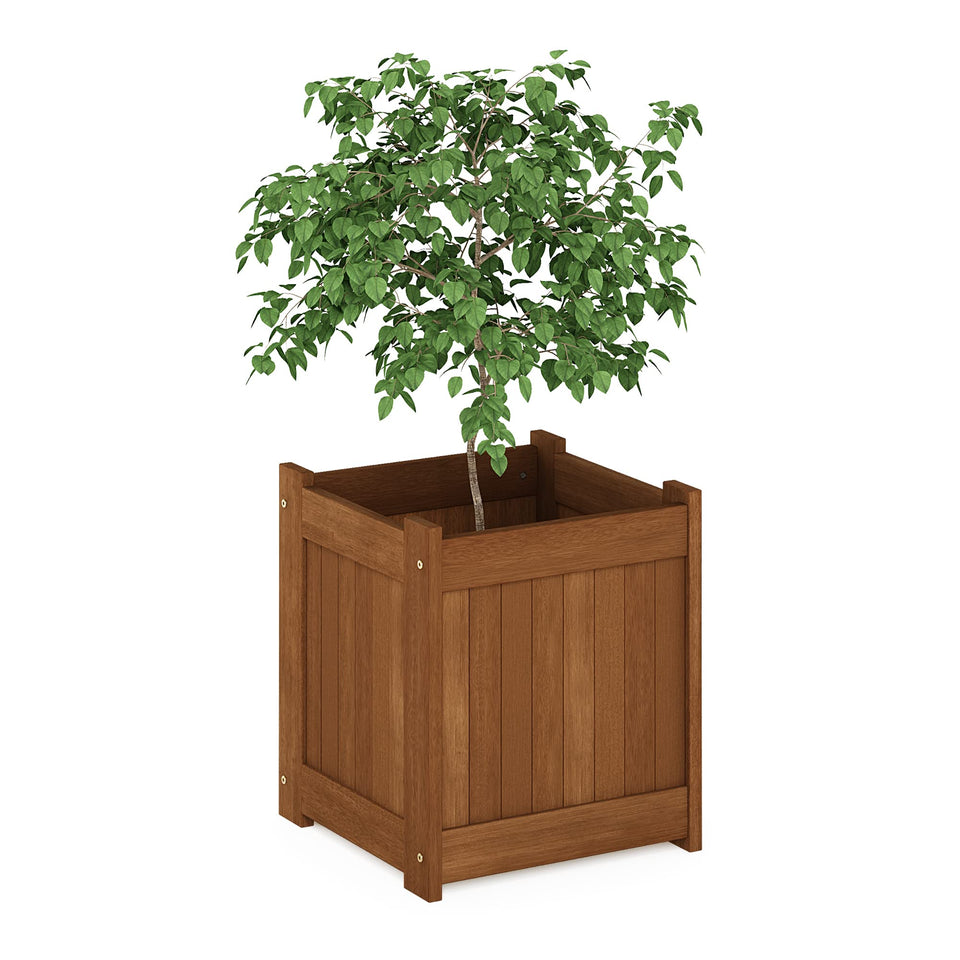 Furinno Tioman hardwood flower box front view shows a durable outdoor planter on a patio.