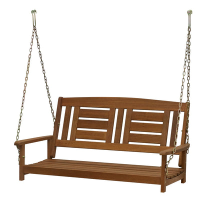 Furinno Tioman porch swing assembly in natural wood for easy setup.