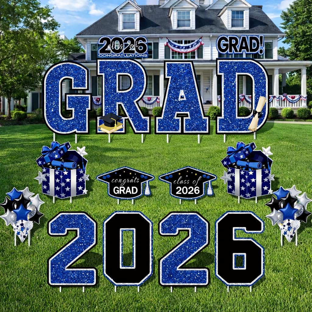 FurniCore grad signs 2026 blue and black in the front yard for eye-catching photos