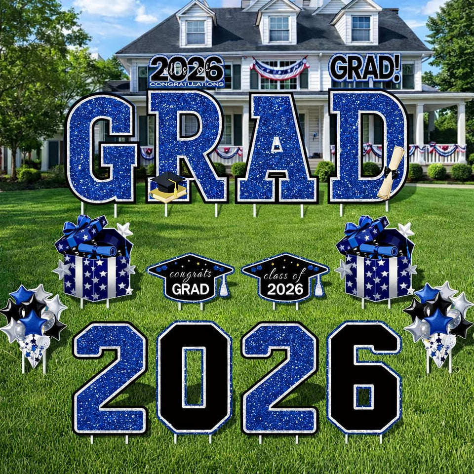 FurniCore grad signs 2026 blue and black in the front yard for eye-catching photos