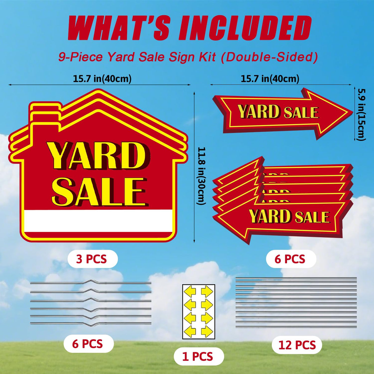 FurniCore yard sale arrow signs 16x6 double-sided guide shoppers to your driveway