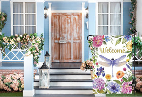 FurniGift Flower-Dragonfly design flag brightens lawn and entry.