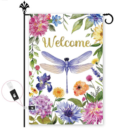 FurniGift Spring-Summer Floral Welcome Flag on front porch boosts curb appeal.
