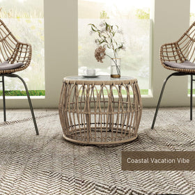 Furniture of America Ysar round coffee table, UV-resistant wicker for year-round outdoor use