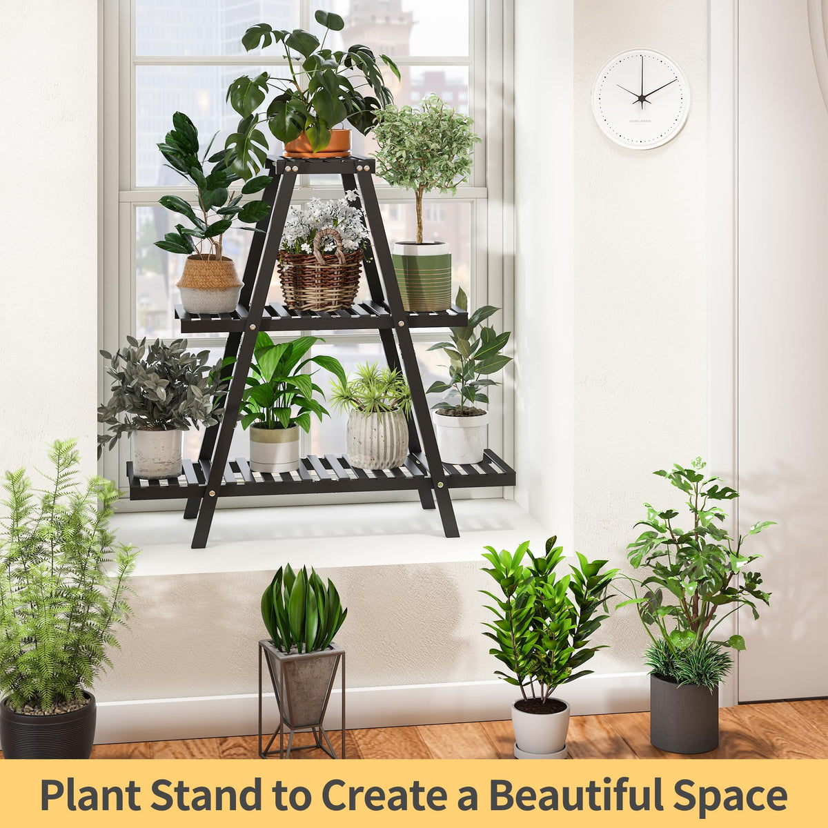 Outdoor patio setup using the Furshus stand with potted plants.
