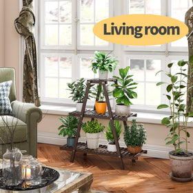 Furshus brown bamboo plant shelf on a balcony enhances small spaces