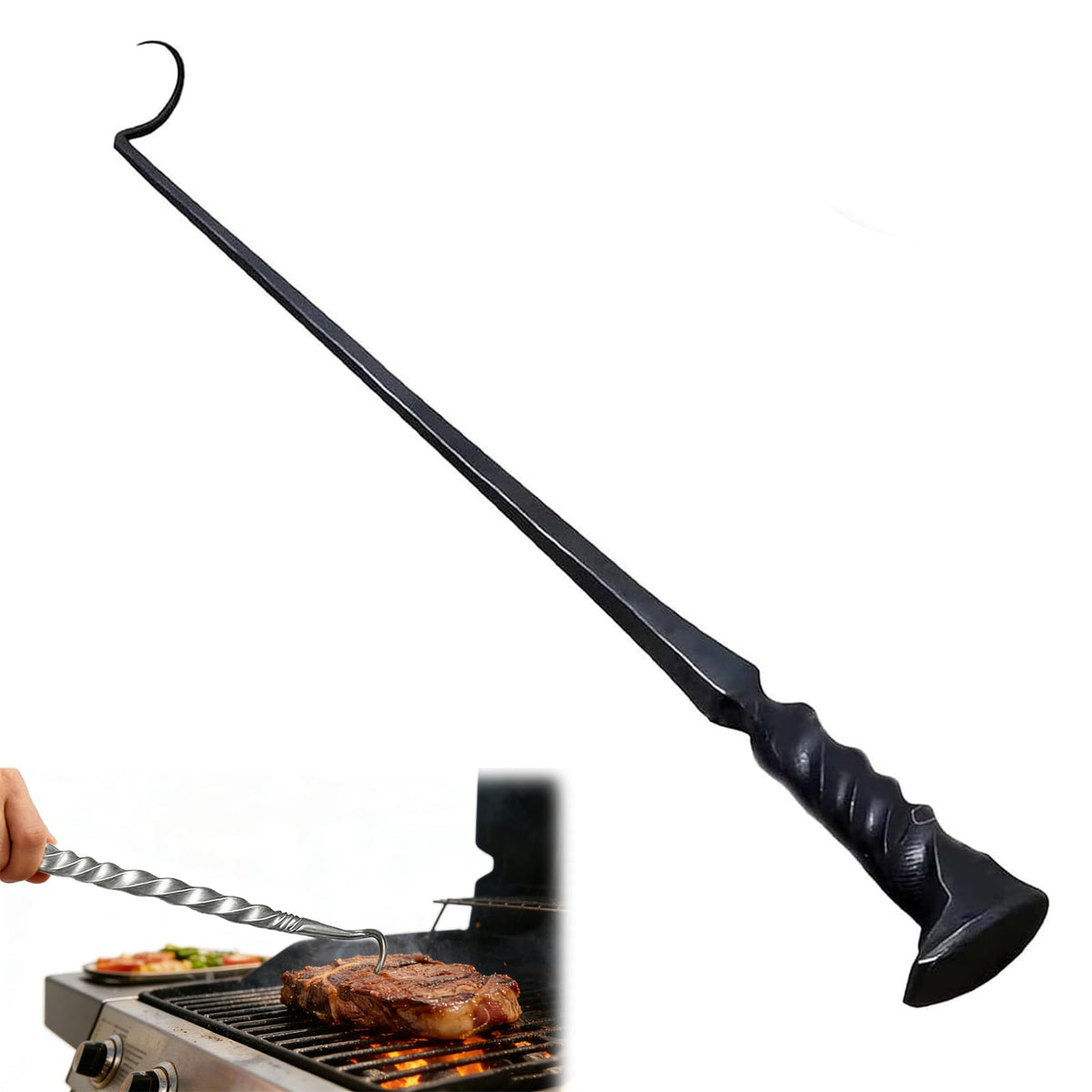 Fusionara Meat Hook Flipper in right-hand design for safe behind-grill flipping.
