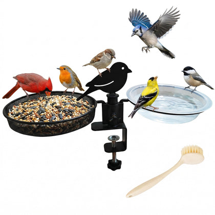 Fusionchaos deck bird feeder and bath on a railing for easy balcony birdwatching.