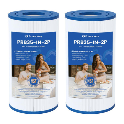 Future Way PRB35-IN filter showing fit-compatibility for multiple spa brands.