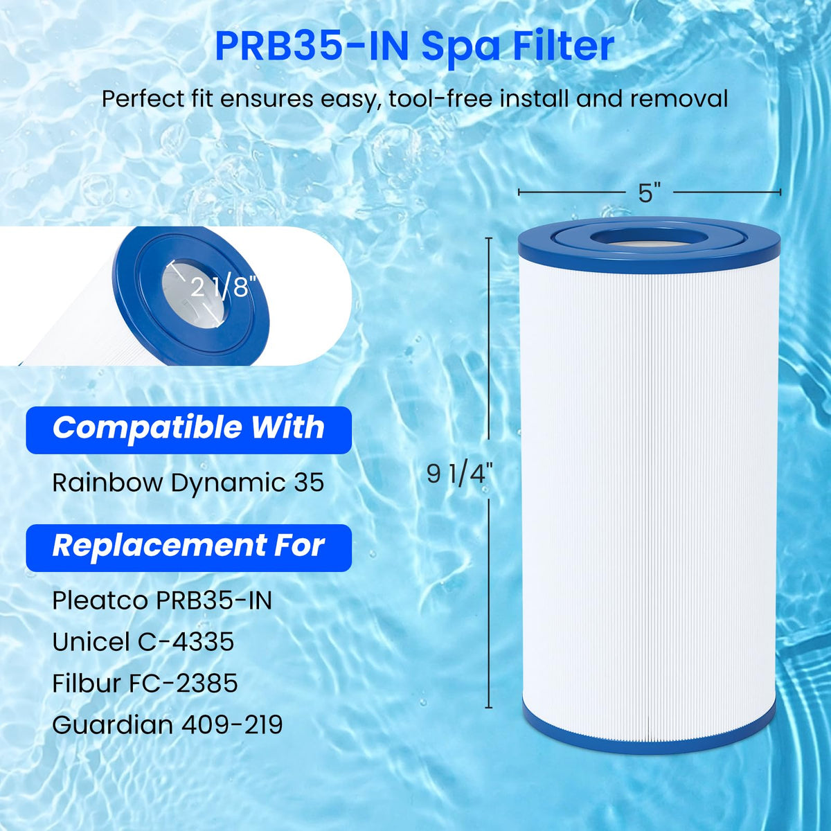 Future Way PRB35-IN NSF-certified filter with safe materials for spa use.