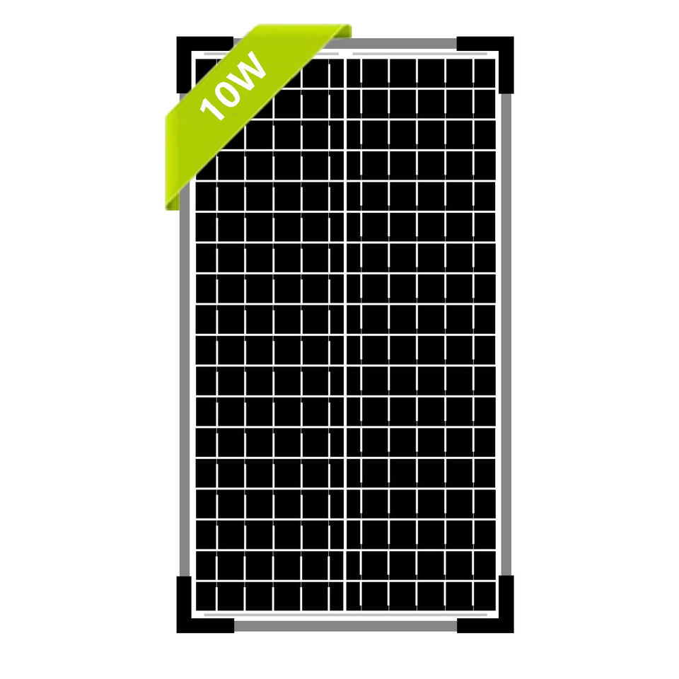 Futuresolar 12V 10W panel front view highlighting compact monocrystalline design for portability.