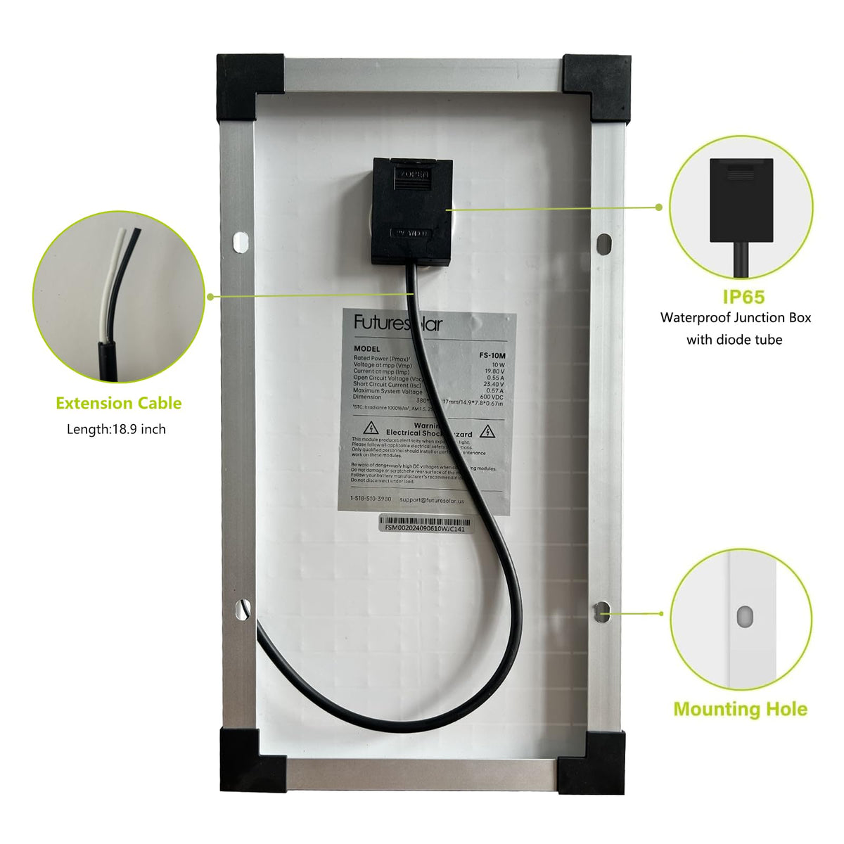Futuresolar panel with pre-drilled mounting holes enables fast, secure installation.