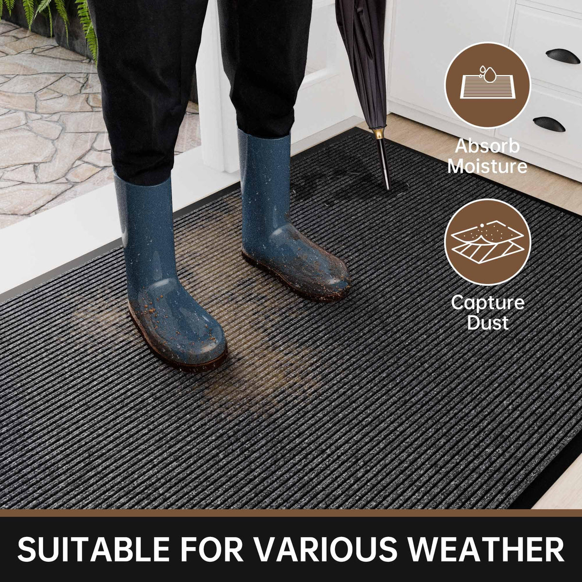 Futurwit door mat with dirt-trapping top layer captures debris before it spreads.