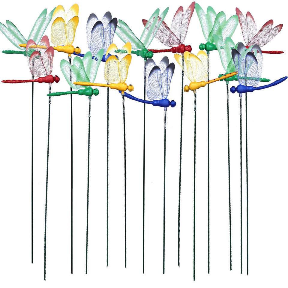 FUULOXE 24-piece 3D dragonflies on yard stakes add color to outdoor spaces.