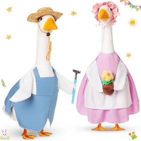 FuWeave blue gardener goose outfit on a 23-inch statue, adding playful porch appeal.