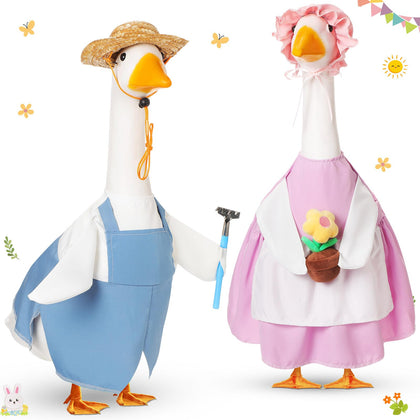 FuWeave blue gardener goose outfit on a 23-inch statue, adding playful porch appeal.