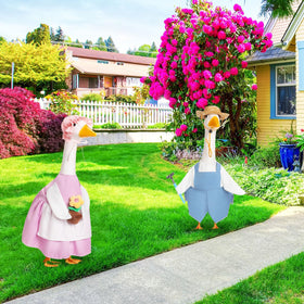 Durable cloth keeps outdoor goose attire intact through springtime displays.