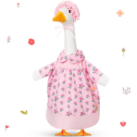 FuWeave pink floral spring goose outfit on a 23-inch lawn goose for outdoor decor